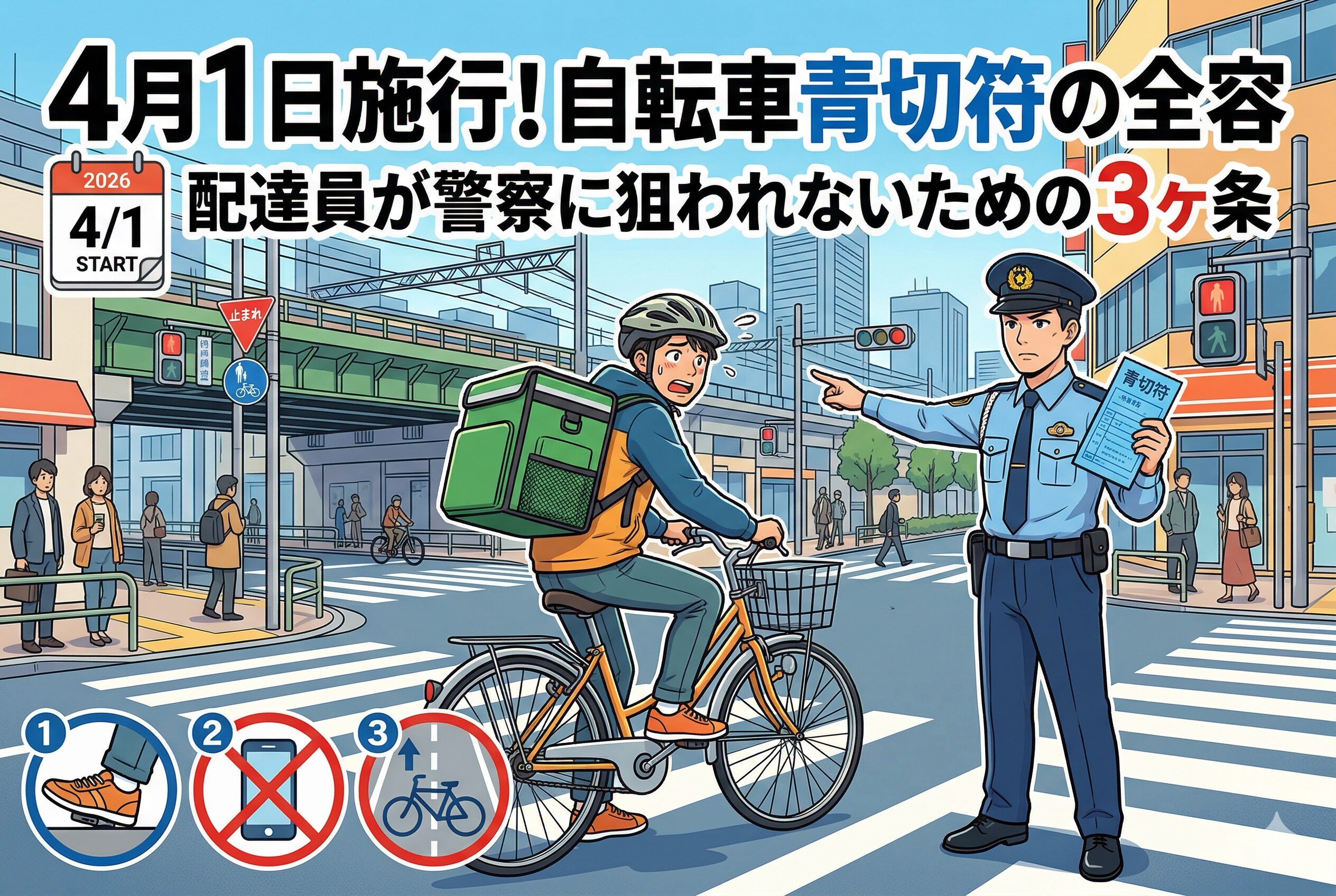 【日給没収】自転車も罰金の時代へ。2026年4月1日施行「青切符」の全容と、警察に狙われないための立ち回り術3ヶ条を完全攻略!これまでの「警告」とは違う、罰金5,000円〜12,000円の現実と、配達報酬を守り抜く生存戦略を徹底解説します。