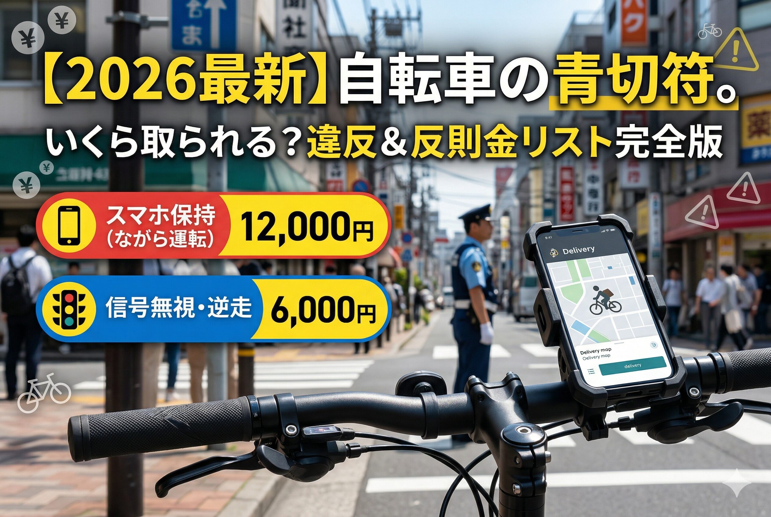 【2026年4月施行】自転車の青切符制度で取られる反則金を一覧表で徹底解説!ながらスマホ1.2万円、信号無視6,000円など確定した金額リストを網羅。16歳以上の対象範囲や車の免許への影響、支払い方法まで、損をしないための情報をSEO専門家がまとめました。