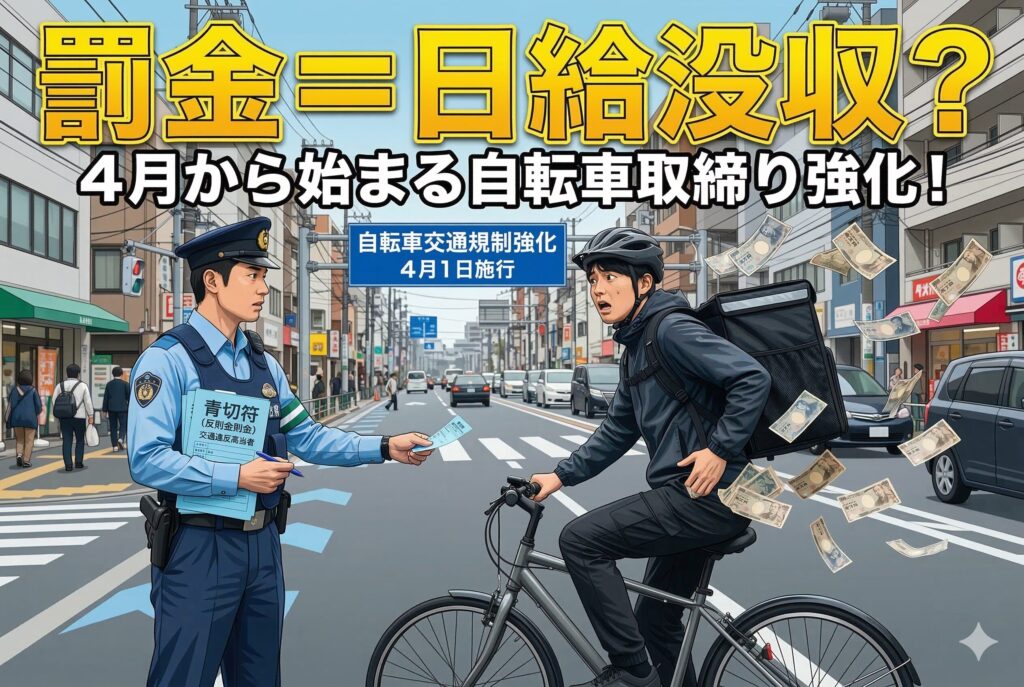 日本の都市部の交差点で、警察官が自転車デリバリーライダーに青切符（交通違反反則金）を渡しているクリーンな商業イラスト。ライダーは驚き、ポケットから大量の日本円札が飛び散り空中に舞っている。上部には黄色と白の太字で『罰金＝日給没収？』『4月から始まる自転車取締り強化！』という大きな日本語テキストがあり、背景の青い看板には『自転車交通規制強化』『4月1日施行』と書かれている。デリバリーバッグやヘルメットを着用したライダーと、制服姿の警察官の姿。3:2のアスペクト比。