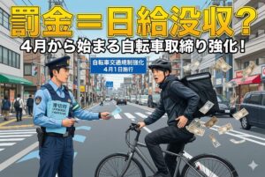 日本の都市部の交差点で、警察官が自転車デリバリーライダーに青切符（交通違反反則金）を渡しているクリーンな商業イラスト。ライダーは驚き、ポケットから大量の日本円札が飛び散り空中に舞っている。上部には黄色と白の太字で『罰金＝日給没収？』『4月から始まる自転車取締り強化！』という大きな日本語テキストがあり、背景の青い看板には『自転車交通規制強化』『4月1日施行』と書かれている。デリバリーバッグやヘルメットを着用したライダーと、制服姿の警察官の姿。3:2のアスペクト比。