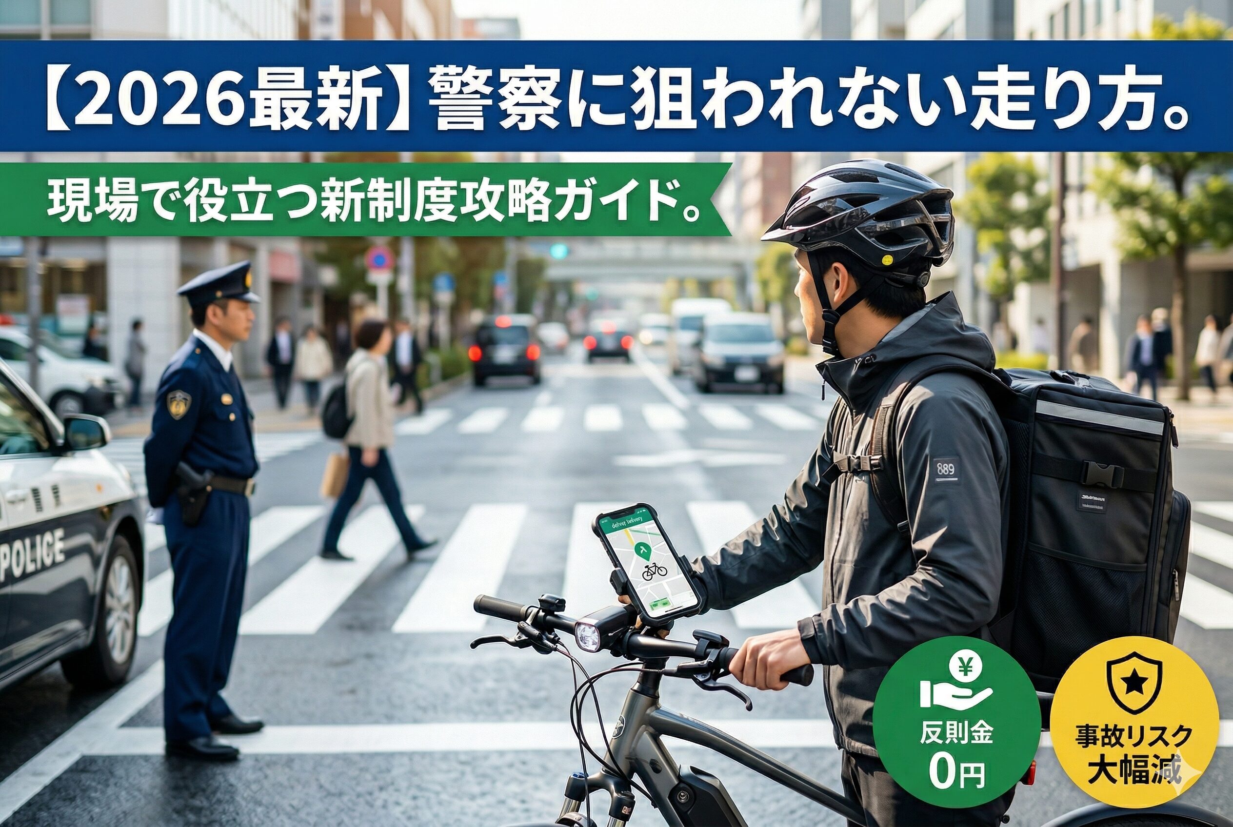 街中の交差点で、信号待ちをしているプロフェッショナルな雰囲気の配達員。背後には警察官がいるが、配達員はルールを守り堂々としている。画面には「警察に狙われない走り方」「反則金0円」といったポジティブで力強いテキストが並ぶ。