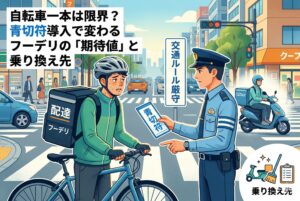 2026年4月開始の自転車「青切符」制度を徹底解説！ながら運転や信号無視の反則金、自動車免許への影響、アカウント停止のリスクまで網羅。自転車配達の限界を感じている方へ、125ccバイクへの転換や、固定案件で手堅く稼ぐ「マンション清掃」など、失敗しない乗り換え先を提案します。