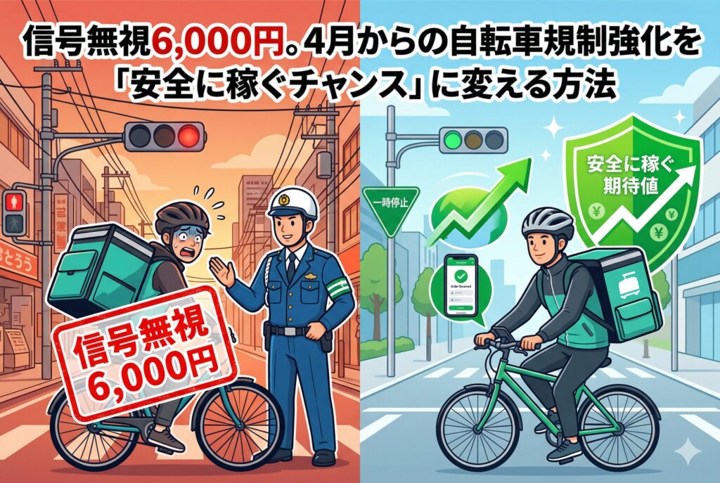 2026年4月から開始された自転車の「青切符」制度を徹底解説。信号無視6,000円、ながらスマホ12,000円など、配達員が知っておくべき反則金ルールと、規制をチャンスに変えて安全に稼ぐための具体的な対策を紹介します。せっかくの報酬を罰金で失わないための必読記事です。