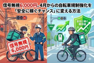 2026年4月から開始された自転車の「青切符」制度を徹底解説。信号無視6,000円、ながらスマホ12,000円など、配達員が知っておくべき反則金ルールと、規制をチャンスに変えて安全に稼ぐための具体的な対策を紹介します。せっかくの報酬を罰金で失わないための必読記事です。