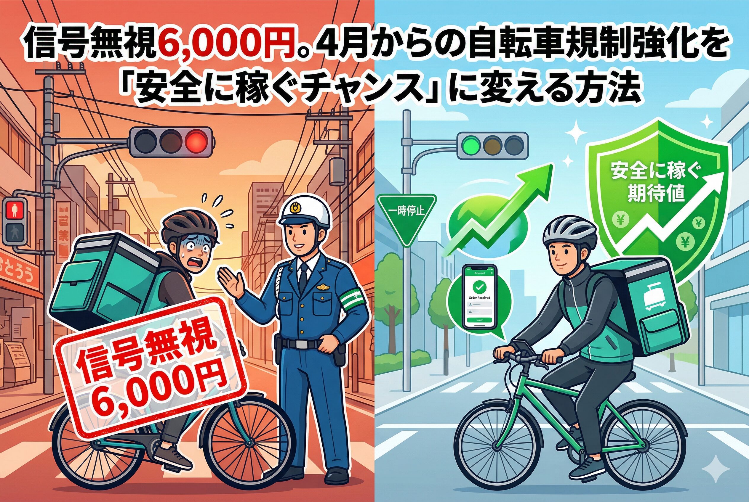 2026年4月から開始された自転車の「青切符」制度を徹底解説。信号無視6,000円、ながらスマホ12,000円など、配達員が知っておくべき反則金ルールと、規制をチャンスに変えて安全に稼ぐための具体的な対策を紹介します。せっかくの報酬を罰金で失わないための必読記事です。