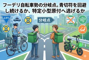 2026年導入の自転車「青切符」制度。ながら運転や一時不停止で、数日分の稼ぎが一瞬で吹き飛ぶリスクを徹底解説します。警察に怯えながら自転車に乗り続けるか、免許不要の「特定小型原付」へ逃げるか？フーデリ勢が生き残るための損得勘定と、これからの生存戦略をまとめました。