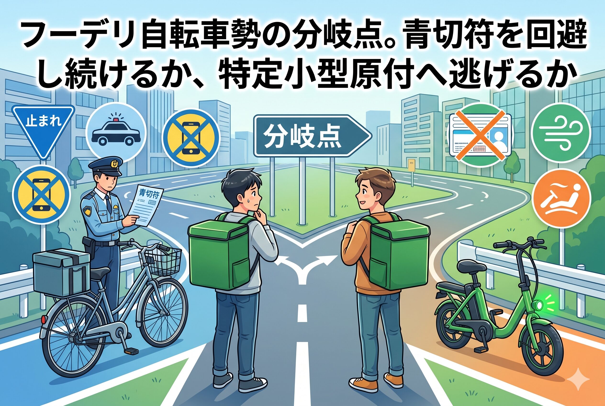 2026年導入の自転車「青切符」制度。ながら運転や一時不停止で、数日分の稼ぎが一瞬で吹き飛ぶリスクを徹底解説します。警察に怯えながら自転車に乗り続けるか、免許不要の「特定小型原付」へ逃げるか？フーデリ勢が生き残るための損得勘定と、これからの生存戦略をまとめました。