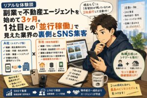 副業で不動産エージェントを始めて3ヶ月。SNS集客や物件動画投稿、2社並行稼働のリアルを体験談ベースで解説。店舗を持たない新しい不動産仲介の仕組みや、報酬体系・手数料自由化の実態も紹介します。