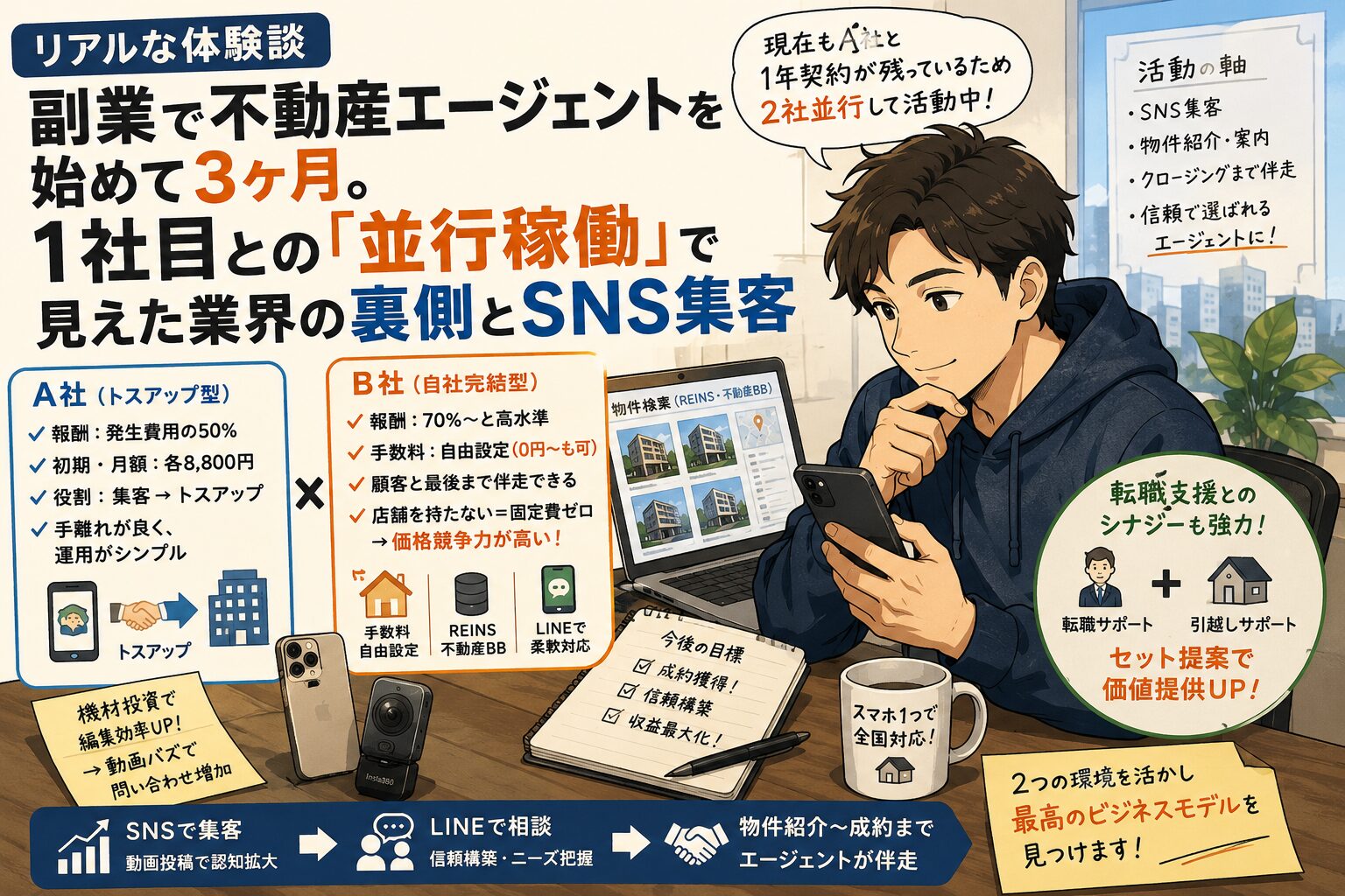 副業で不動産エージェントを始めて3ヶ月。SNS集客や物件動画投稿、2社並行稼働のリアルを体験談ベースで解説。店舗を持たない新しい不動産仲介の仕組みや、報酬体系・手数料自由化の実態も紹介します。