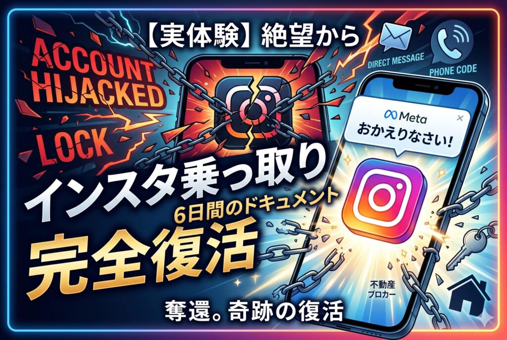 【実体験】業務委託の不動産仲介業を始めて2ヶ月目、一瞬の隙を突かれInstagramアカウントを乗っ取られた6日間のドキュメント。Meta社への異議申し立てが1回弾かれ、永久BANの絶望から奇跡の完全復活を遂げたタイムラインと、今すぐやるべき鉄壁の防衛策を公開します。