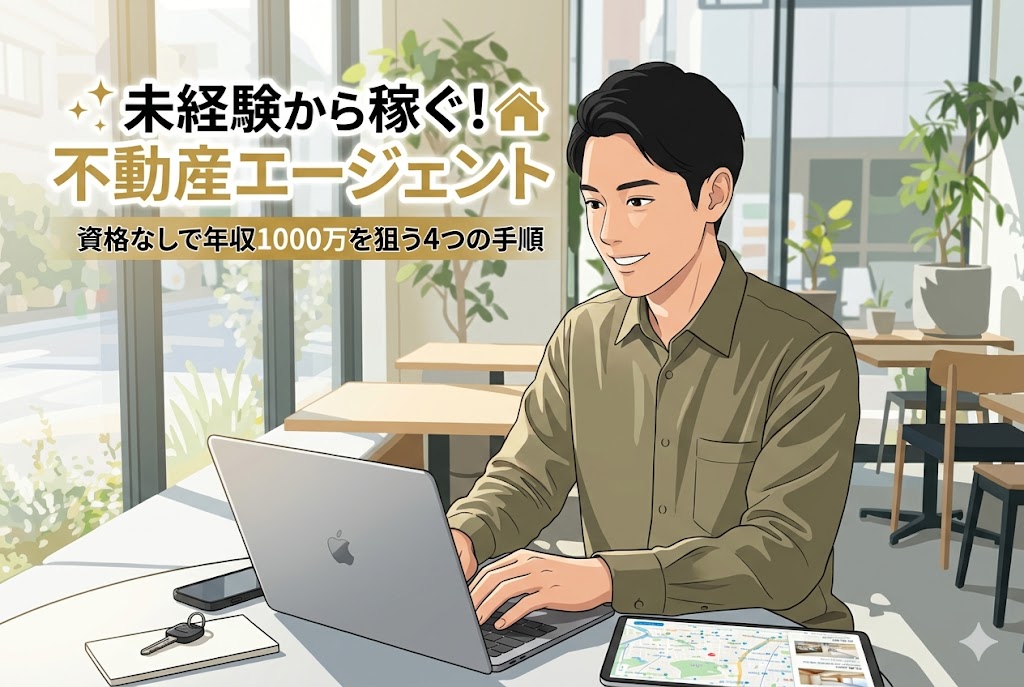 「不動産知識ゼロ」「資格なし」から自由な働き方と高収入を手に入れませんか？未経験でも不動産エージェントとして年収1000万円を目指すための、具体的な4つの手順を徹底解説。カフェでPC1台で稼ぐプロになるためのロードマップがここにあります。今すぐチェック！