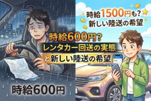 「レンタカー回送のバイトって実際稼げるの？」副業で回送ドライバーをやってみた体験談を大公開！実質時給600円になったカラクリや、土砂降りでの過酷なエピソードを包み隠さずお伝えします。さらに、回送より稼げる「買取車両の陸送バイト」も紹介。
