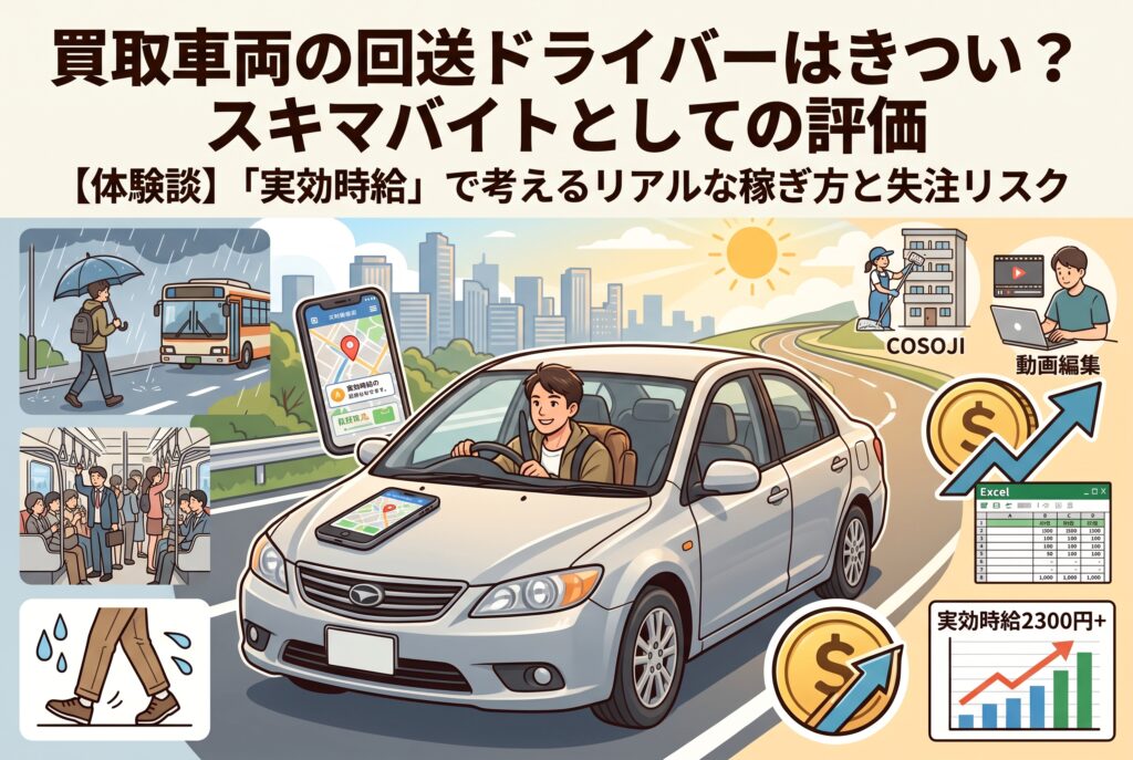 買取車両の回送ドライバーはきついのか？スキマバイトとしての評価を現役ドライバーが徹底検証！キャリアカーを使わない自走スタイルの実態や、移動時間を含む「実効時給」の考え方、効率よく稼ぐための「狙い撃ち」戦略まで、一次情報でお届けします。