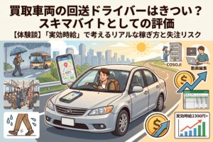 買取車両の回送ドライバーはきついのか？スキマバイトとしての評価を現役ドライバーが徹底検証！キャリアカーを使わない自走スタイルの実態や、移動時間を含む「実効時給」の考え方、効率よく稼ぐための「狙い撃ち」戦略まで、一次情報でお届けします。