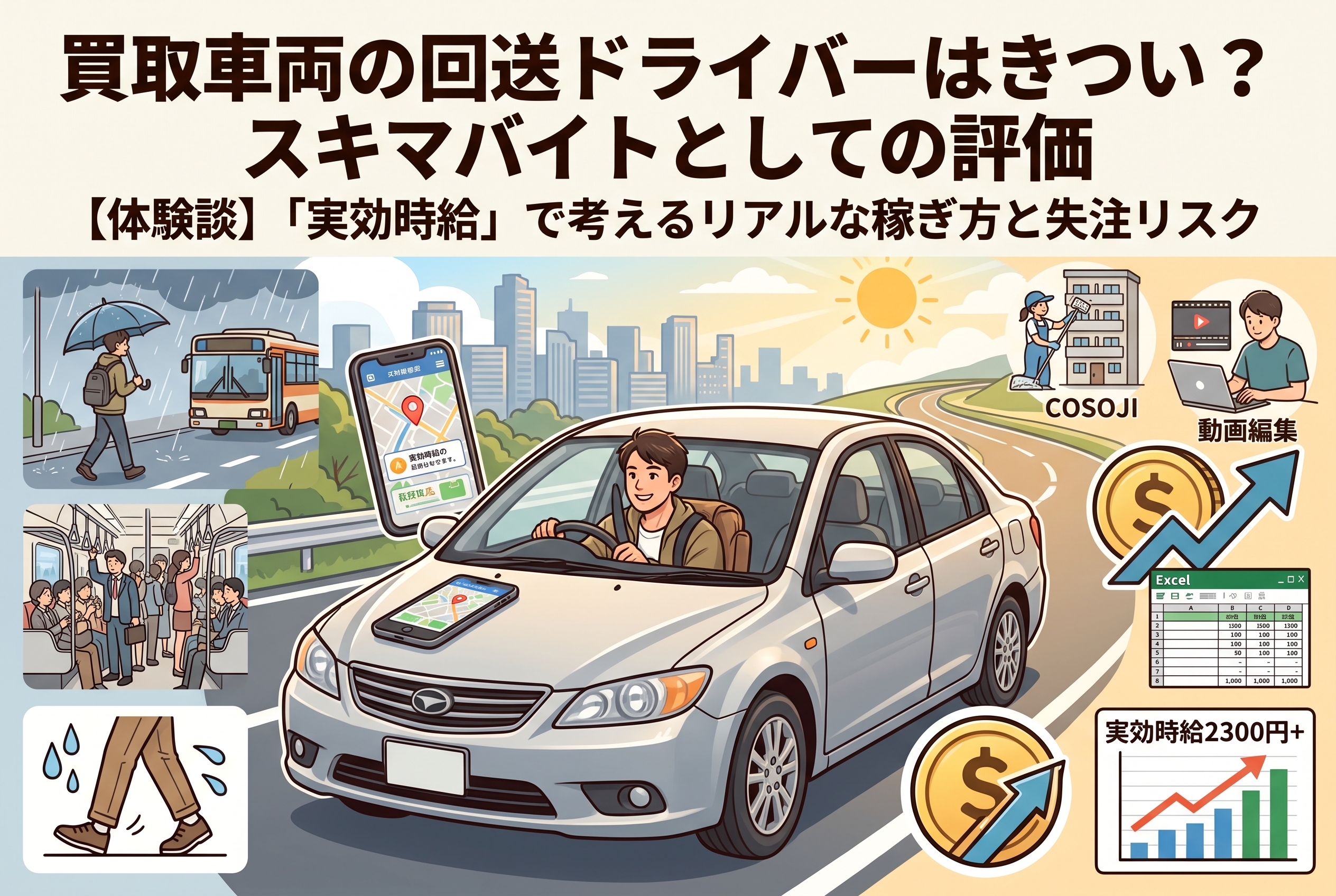 買取車両の回送ドライバーはきついのか？スキマバイトとしての評価を現役ドライバーが徹底検証！キャリアカーを使わない自走スタイルの実態や、移動時間を含む「実効時給」の考え方、効率よく稼ぐための「狙い撃ち」戦略まで、一次情報でお届けします。