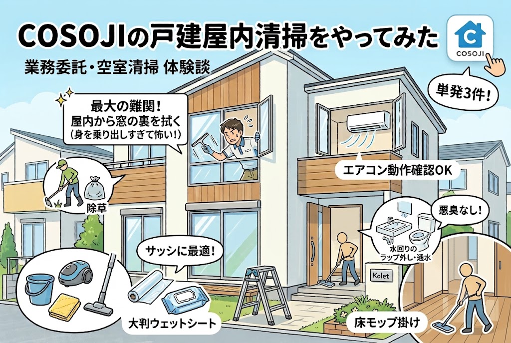 COSOJIの戸建屋内清掃（空室清掃）の単発バイトをやってみた体験談です。「未経験でも稼げる？きつい？」という疑問に、実際の作業内容や実効時給のリアルを暴露！窓拭きで時間が溶けた失敗談と、早く終わらせるための必須アイテムも紹介します。