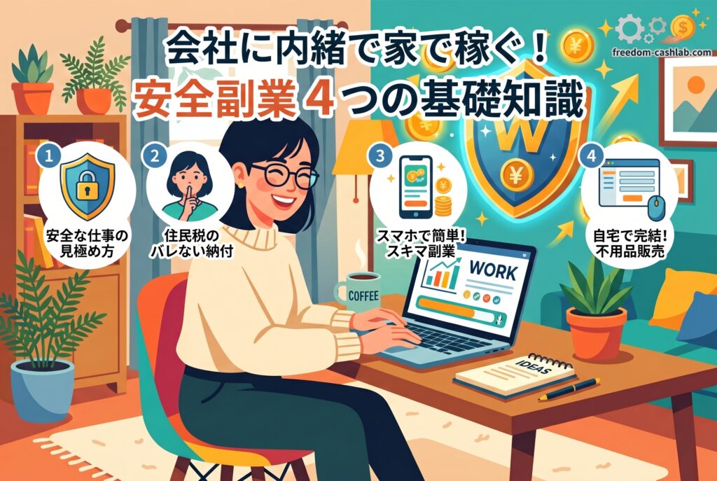 「副業在宅」で安全に稼ぎたい会社員必見！詐欺サイトの正しい見分け方から、会社にバレないための住民税の手続き（普通徴収）、スキマ時間で稼げるおすすめの仕事ジャンルまで徹底解説。本業のキャリアを守りながらリスクゼロで副収入を得るための完全ガイドです。