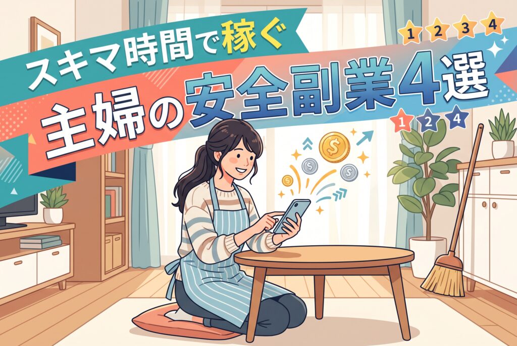 「副業在宅」ですきま時間に稼ぎたい主婦必見！スマホ完結のアンケートや不用品販売から、気分転換になる近所のスキマバイト（COSOJI等）まで、家事・育児と両立できる4つの稼ぎ方を徹底解説。扶養から外れないための税金の壁や注意点も網羅した、安全にゆとりを増やすための完全ガイドです。
