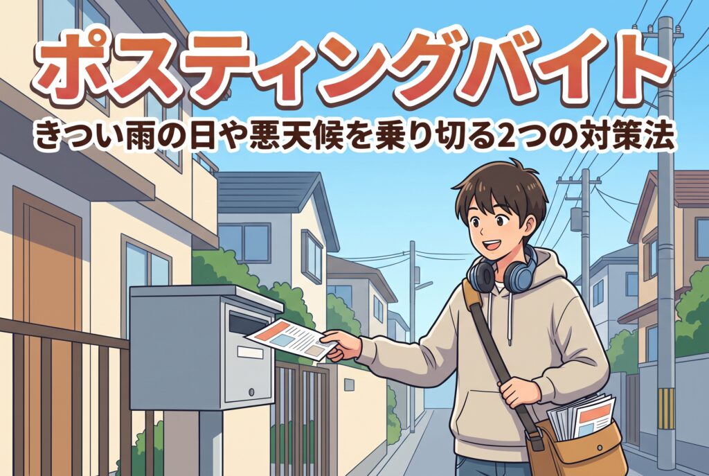 接客が苦手な学生必見！ポスティングバイトは一人でモクモクと自分のペースで働けるおすすめの仕事です。この記事では、時給と歩合の違い、きつい雨の日の対策、怒られない配り方から面接の志望動機まで、ストレスゼロでお小遣いを稼ぐコツを徹底解説します。