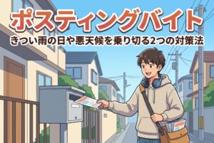 接客が苦手な学生必見！ポスティングバイトは一人でモクモクと自分のペースで働けるおすすめの仕事です。この記事では、時給と歩合の違い、きつい雨の日の対策、怒られない配り方から面接の志望動機まで、ストレスゼロでお小遣いを稼ぐコツを徹底解説します。